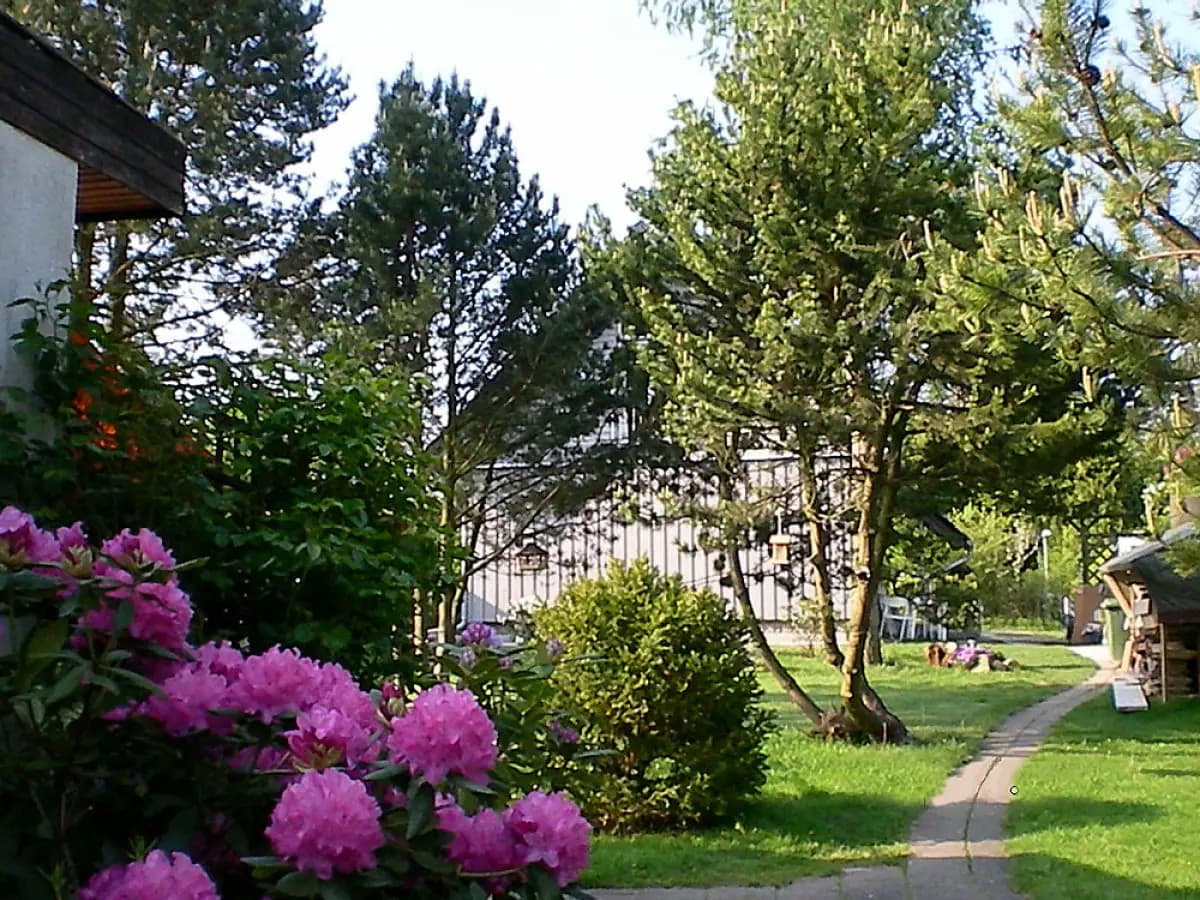 Großer Garten mit Rasenfläche und Bäumen